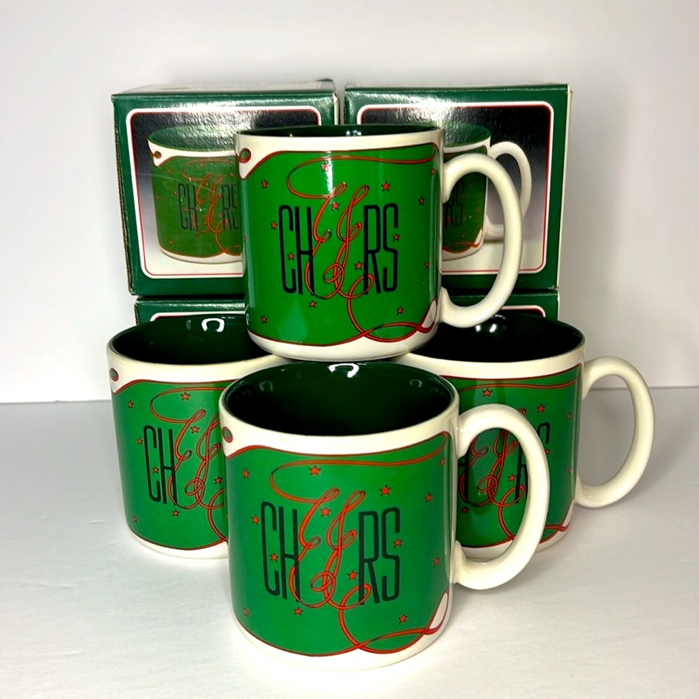 Set of 4 1988 Cheers Potpourri Press Christmas New Year’s Holiday Coffee Mug Cup